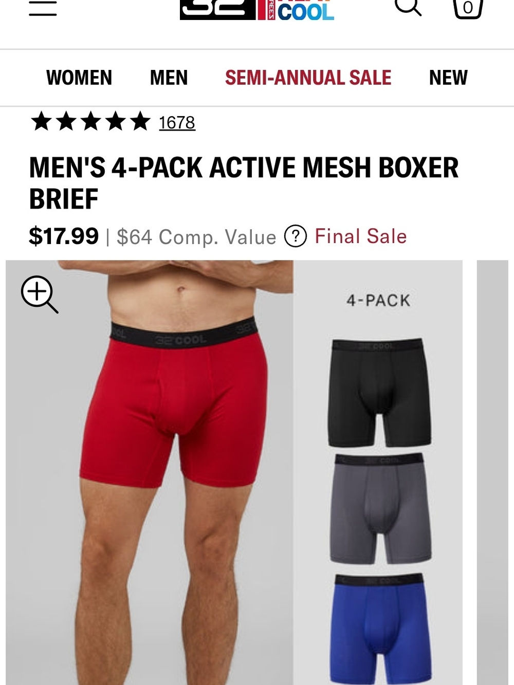 32 Degrees 4-Pack Active Mesh Boxer Briefs - Red, Black, Gray, Blue